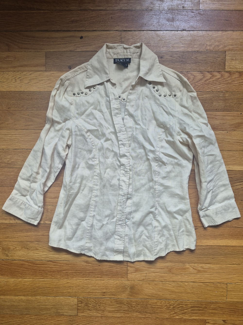 Tracy M Tan Linen-Blend Button Shirt with Stud Accents
